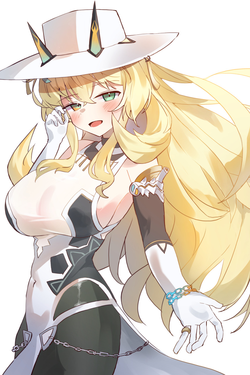 1girl, absurdres, bare_shoulders, barghest_(fate), barghest_(celebratory_attire)_(fate), black_dress, blonde_hair, blush