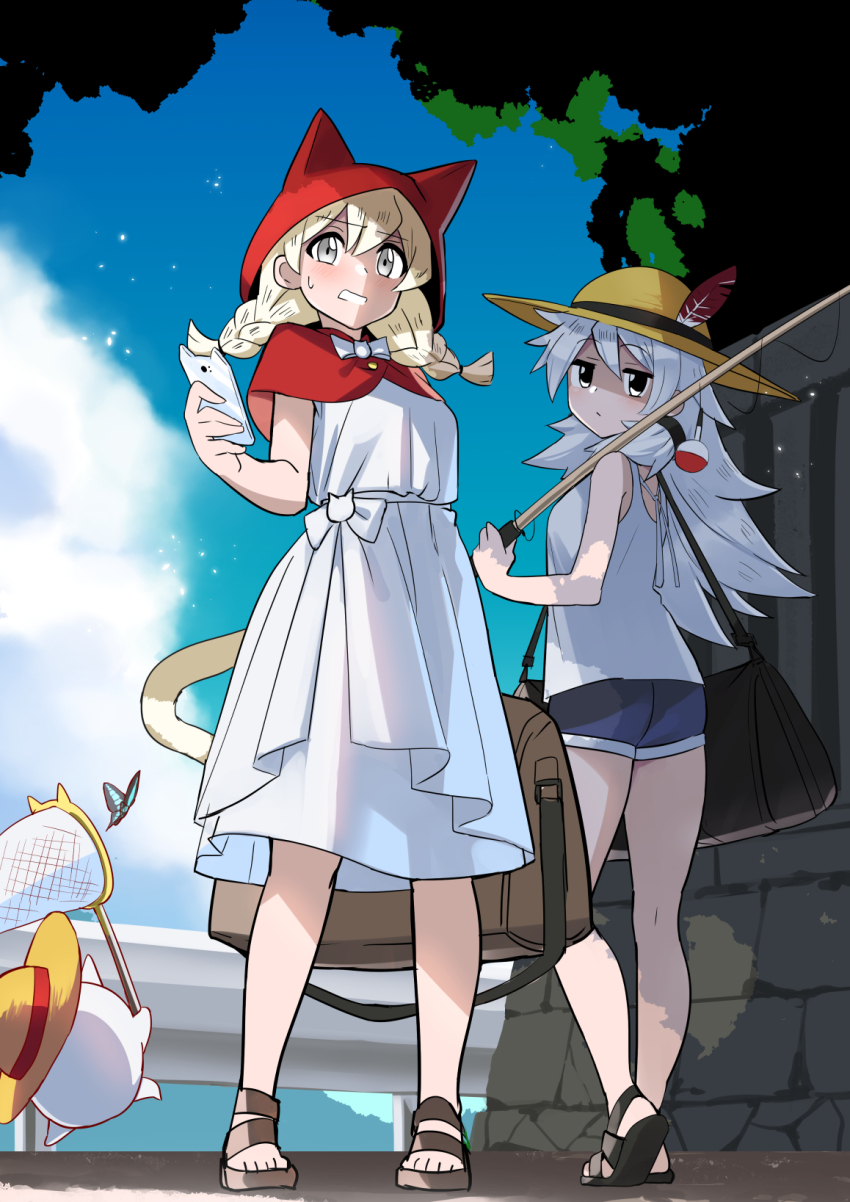 2girls, bag, black_eyes, blonde_hair, blue_shorts, blush, bow, braid, bug, butterfly, butterfly_net, camisole, cat_(nyanko_daisensou), cat_tail, cellphone, cloud, cloudy_sky, denim, denim_shorts, dress, duffel_bag, fishing_lure, fishing_rod, grey_eyes, hand_net, hat, hat_feather, highres, holding, holding_bag, hood, insect, looking_at_viewer, minya_(nyanko_daisensou), multiple_girls, nyanko_daisensou, phone, red_hood, road, sandals, scenery, shorts, sky, sun_hat, sundress, sweatdrop, tail, tree, twin_braids, ururun_wolf_(nyanko_daisensou), white_bow, white_camisole, white_hair, yuuichi_(reductionblack)