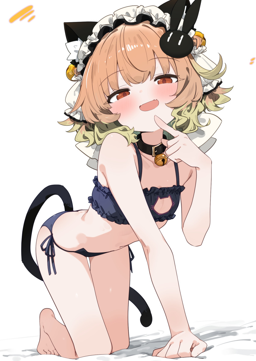 1girl, all_fours, animal_ears, barefoot, bell, belt, belt_collar, black_belt