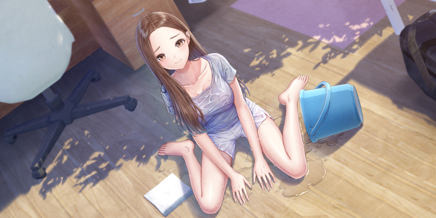 1girl, barefoot, between_legs, blue_reflection_(series), blue_reflection_sun, breasts, brown_eyes, brown_hair
