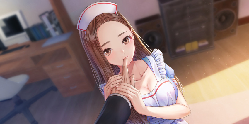 1boy, 1girl, apron, black_sleeves, blue_reflection_(series), blue_reflection_sun, blurry, blurry_background