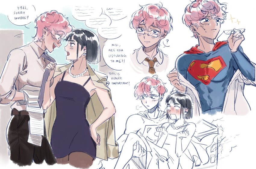 2girls, ?, alien_stage, black_dress, black_hair, black_pants, black_pantyhose, blank_eyes