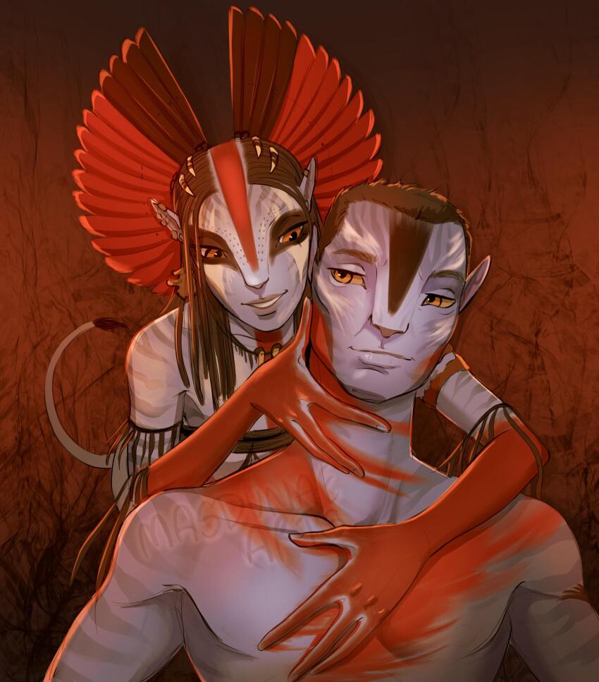 1boy, 1girl, absurdres, alien, avatar:_fire_and_ash, black_hair, blue_skin, colored_skin