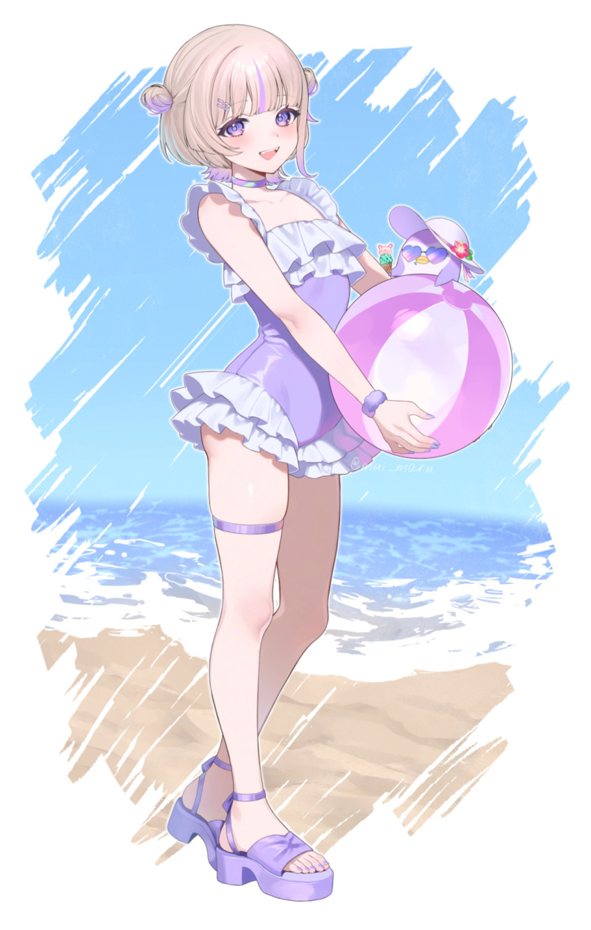 1girl, :d, alternate_costume, ball, banpen_(todoroki_hajime), beach, beachball, blonde_hair