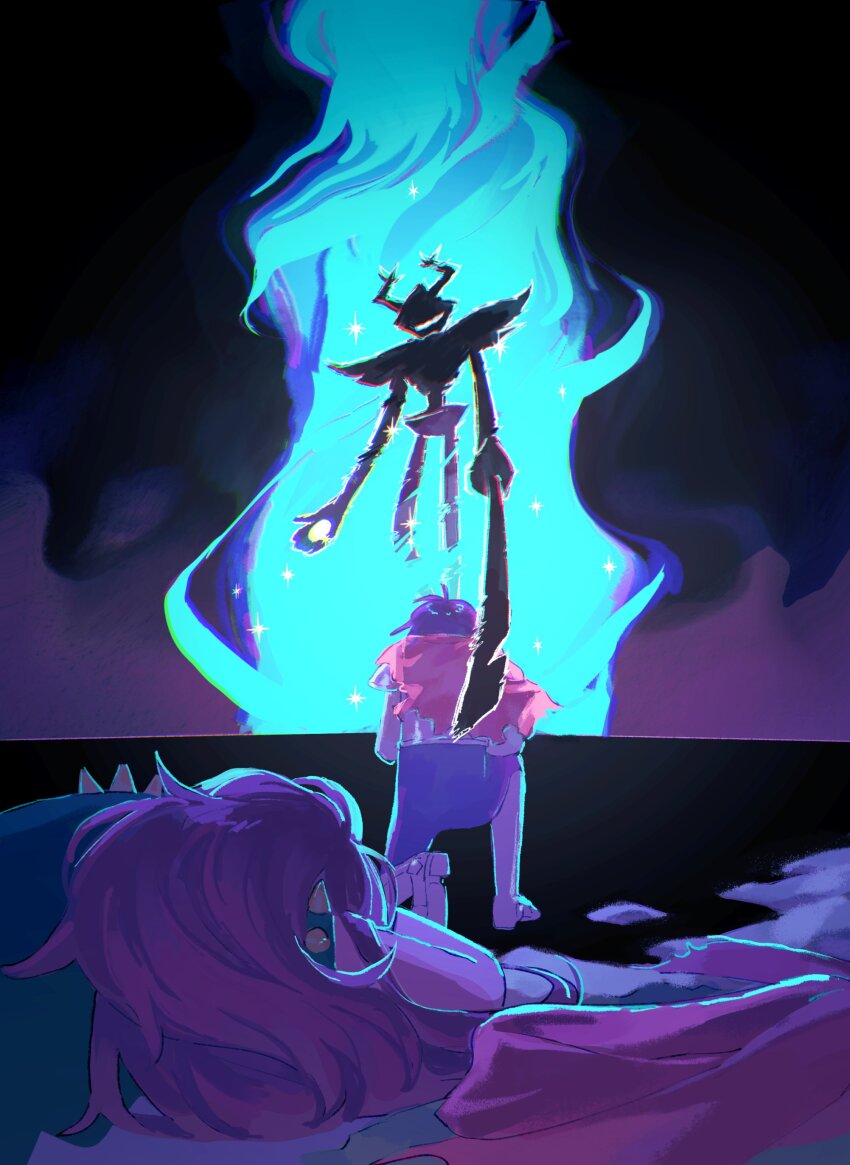 1girl, 2others, absurdres, antlers, beryllium_game, commentary, dark_fountain_(deltarune), deltarune