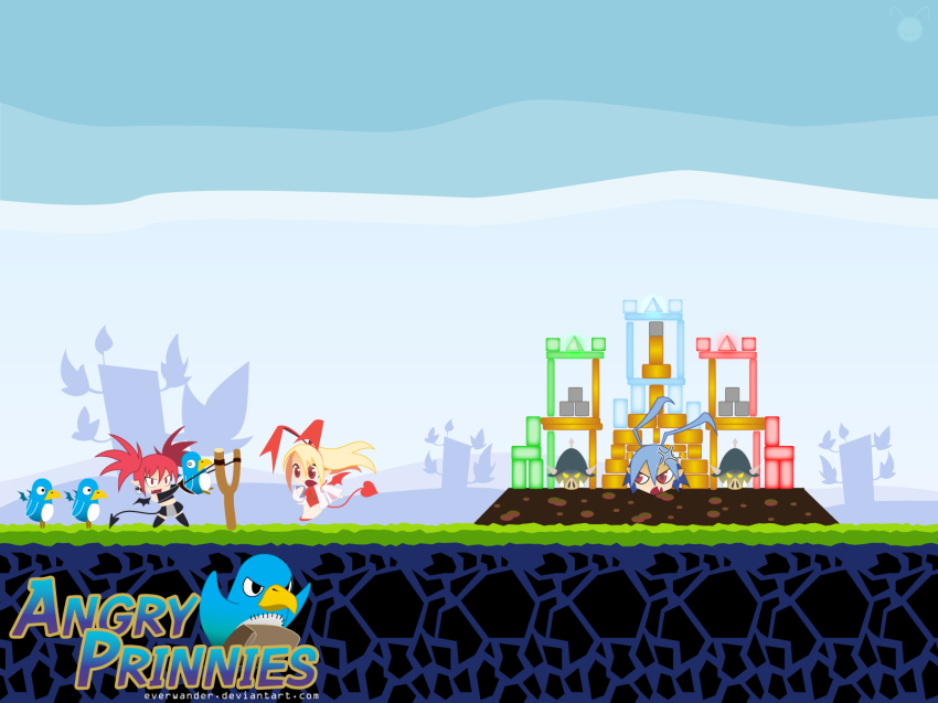 2girls, angry_birds, crossover, disgaea, etna_(disgaea), everwander, flonne, flonne_(fallen_angel), highres, laharl, multiple_girls, orc_(disgaea), parody, prinny, slingshot_(weapon)