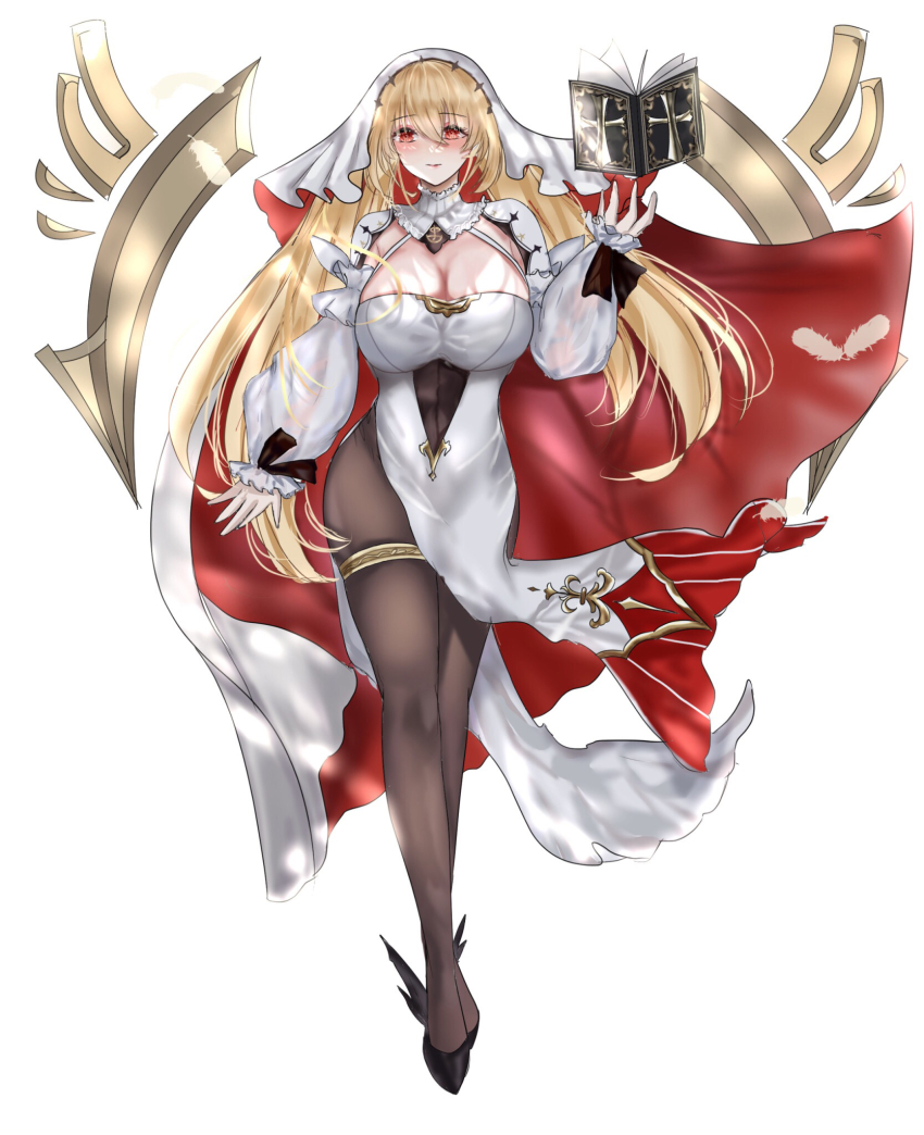 1girl, azur_lane, black_shoes, book, breasts, brown_pantyhose, cleavage, cleavage_cutout
