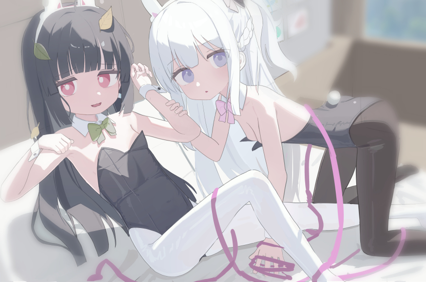 2girls, absurdres, all_fours, animal_ears, black_hair, black_leotard, black_pantyhose, blue_archive