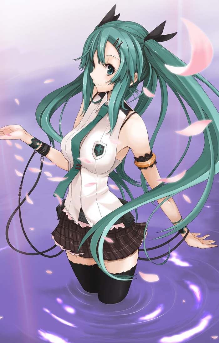 1girl, armlet, bad_id, bad_pixiv_id, female_focus, green_eyes, green_hair, hair_ornament
