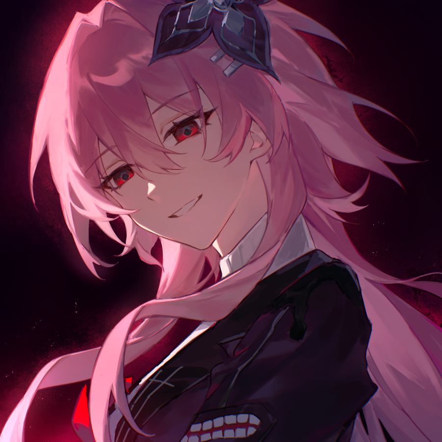 1girl, :d, black_background, black_coat, black_flower, coat, evernight_(honkai:_star_rail), flower