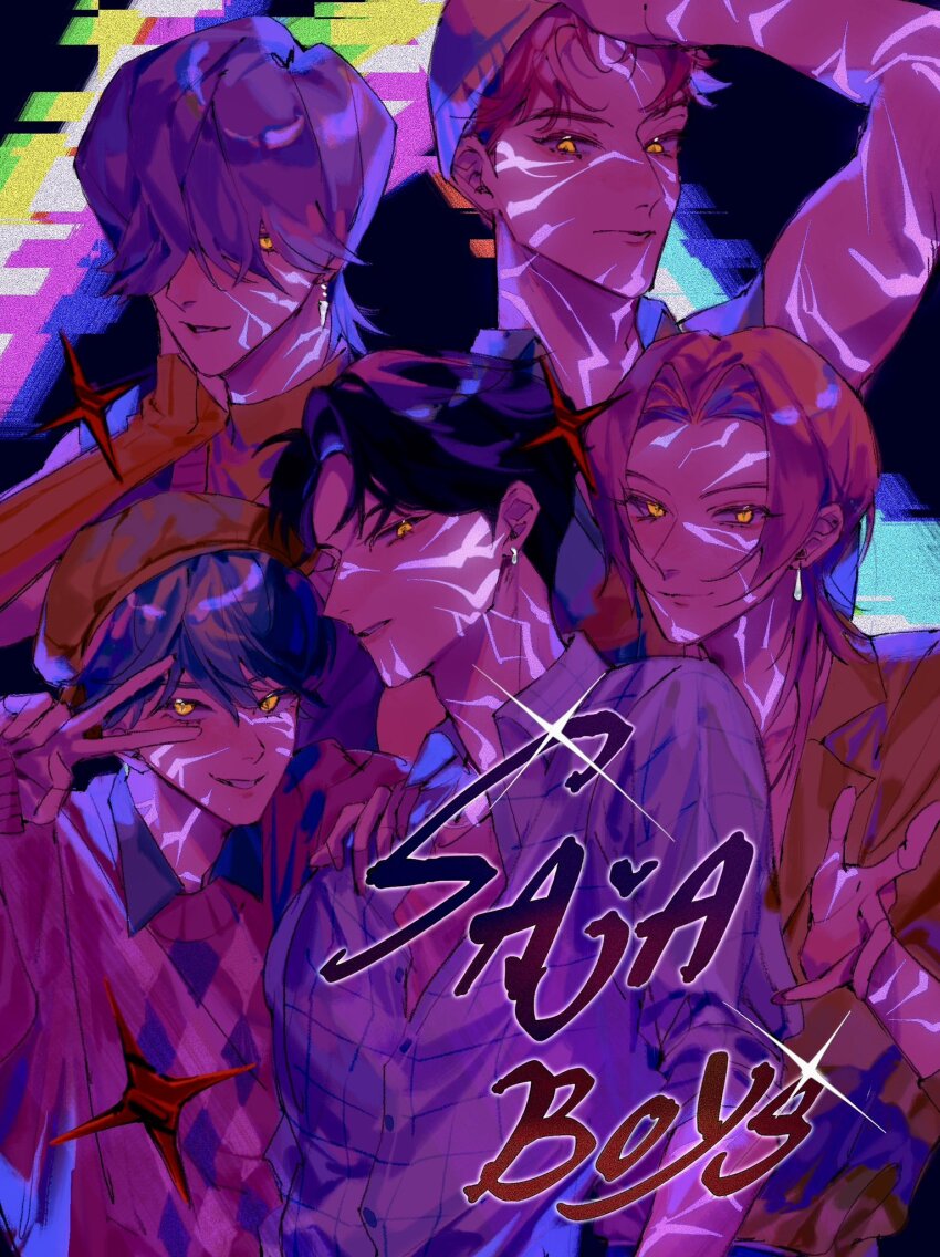 5boys, abby_(kpop_demon_hunters), aqua_hair, arm_warmers, baby_(kpop_demon_hunters), black_hair, body_markings, collared_shirt, demon, earrings, facial_mark, group_name, hair_over_eyes, hashtag-only_commentary, hat, highres, jewelry, jinu_(kpop_demon_hunters), kpop_demon_hunters, looking_at_viewer, male_focus, multiple_boys, mystery_(kpop_demon_hunters), one_eye_closed, pink_hair, realemonade, romance_(kpop_demon_hunters), shirt, short_hair, smile, sparkle, v, yellow_eyes