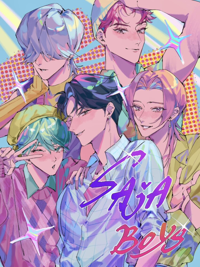 5boys, abby_(kpop_demon_hunters), aqua_hair, arm_warmers, baby_(kpop_demon_hunters), black_hair, collared_shirt, earrings