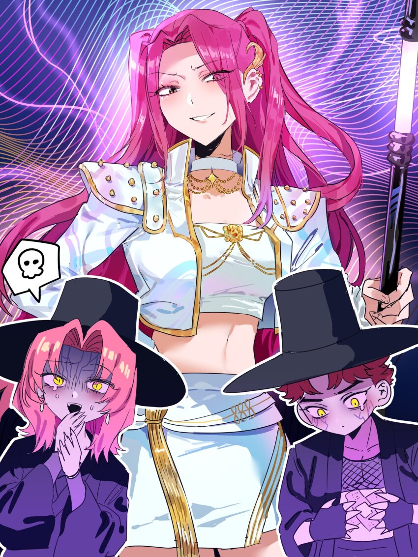 1girl, 2boys, abby_(kpop_demon_hunters), bandaid, bandaid_on_stomach, black_gloves, black_hanbok, black_hat