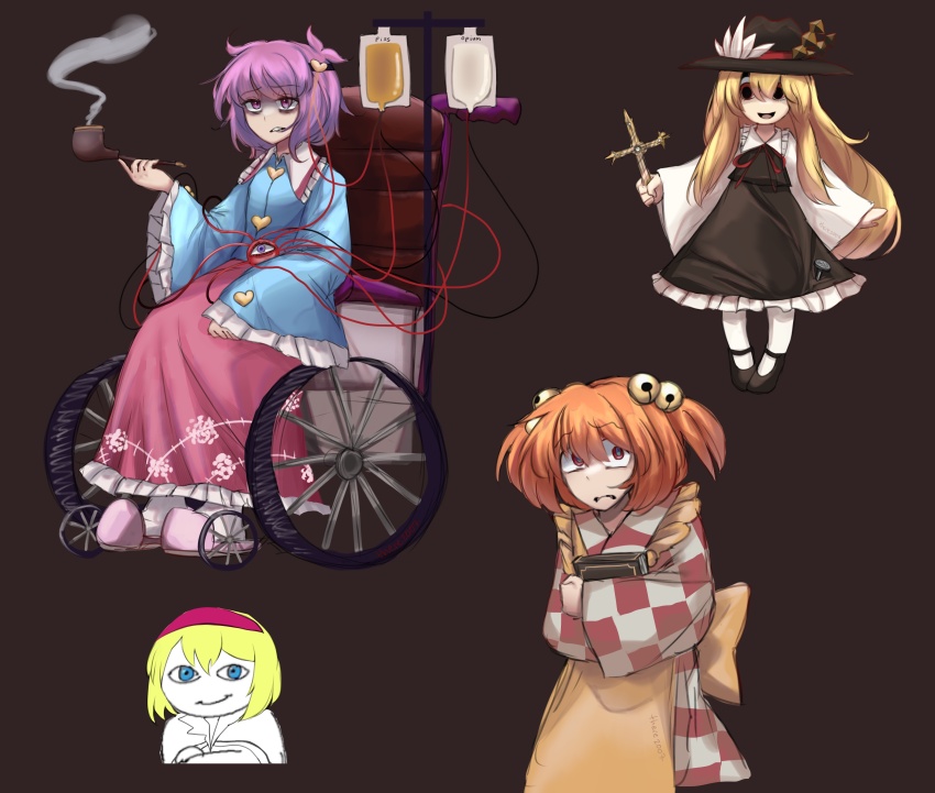 4girls, absurdres, alice_margatroid, apron, bell, black_eyes, black_hat, black_skirt, blonde_hair, blue_shirt, book, brown_background, checkered_clothes, checkered_kimono, commentary, cross, crossed_arms, english_commentary, hair_bell, hair_ornament, hairband, hat, heart, highres, holding, holding_book, holding_smoking_pipe, intravenous_drip, jacket_girl_(dipp), japanese_clothes, kimono, komeiji_satori, long_hair, long_sleeves, meme, motoori_kosuzu, multiple_girls, orange_hair, people_with_blue_eyes_(meme), pink_skirt, red_hairband, shirt, short_hair, simple_background, sitting, skirt, smoking_pipe, there2007, third_eye, touhou, two_side_up, wheelchair, yellow_apron