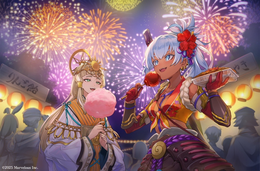 2girls, aerial_fireworks, arm_guards, armor, blonde_hair, blue_eyes, blunt_bangs, candy_apple
