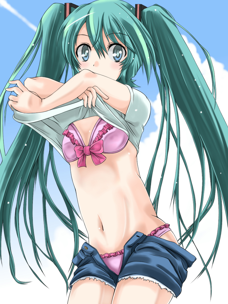 1girl, aqua_eyes, aqua_hair, bikini, clothes_lift, cloud, day, female_focus, frills, hatsune_miku, long_hair, navel, open_fly, pink_bikini, shirt_lift, shorts, sky, solo, swimsuit, t_shatsu, twintails, unbuttoned, unzipped, very_long_hair, vocaloid