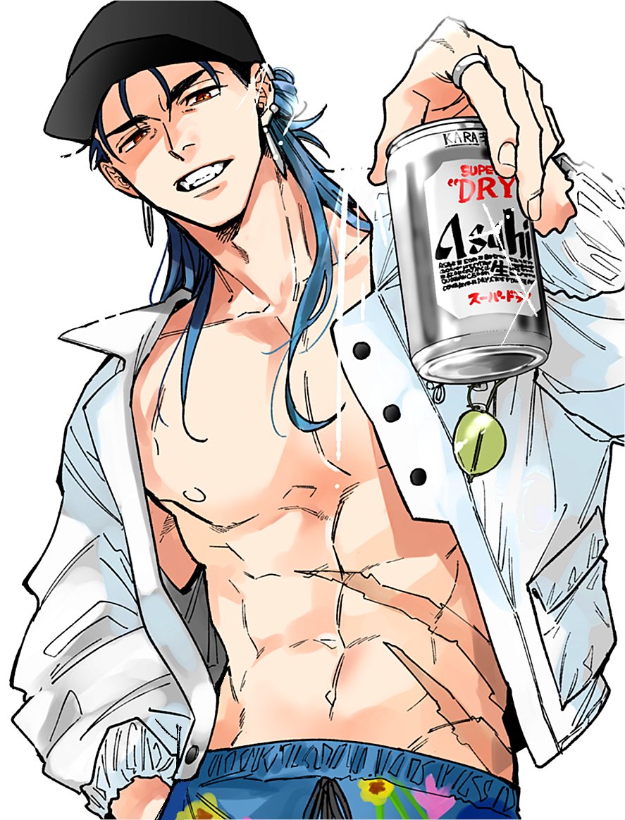 1boy, abs, arm_up, bare_pectorals, baseball_cap, beer_can, black_hat, blue_hair
