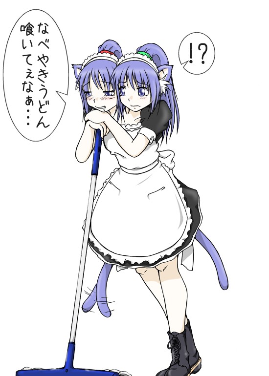 2girls, agent_orange, animal_ears, aor_saiun, blue_eyes, blue_hair, boots, cat_ears, cat_tail, cleaning, conjoined, maid, matching_hair/eyes, multiple_girls, multiple_heads, multiple_tails, nene_koko, ponytail, simple_background, speech_bubble, tail, text_focus, translation_request, white_background