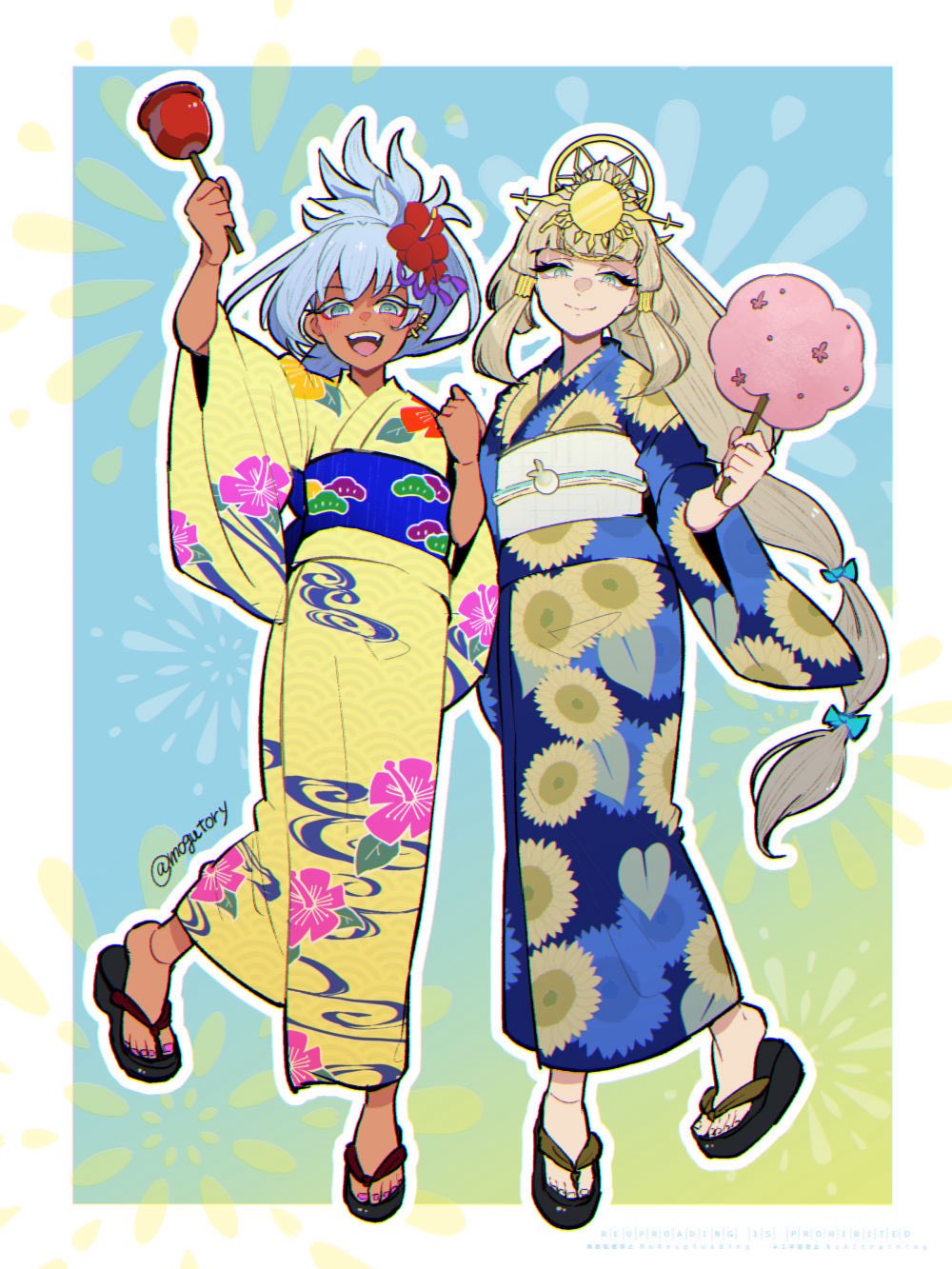 2girls, blonde_hair, blue_eyes, blue_kimono, blunt_bangs, candy_apple, closed_mouth, cotton_candy