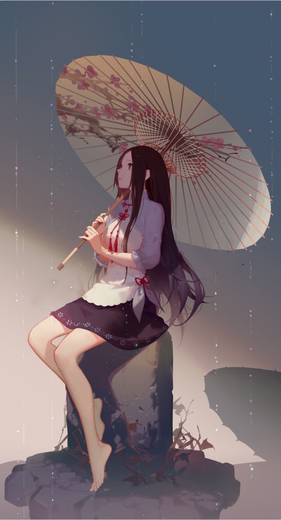 1girl, ask_(askzy), barefoot, black_hair, black_skirt, feng_baobao, holding, holding_umbrella