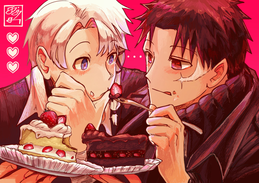 2boys, black_hair, blue_eyes, blush, cake, cake_slice, eating, facial_scar