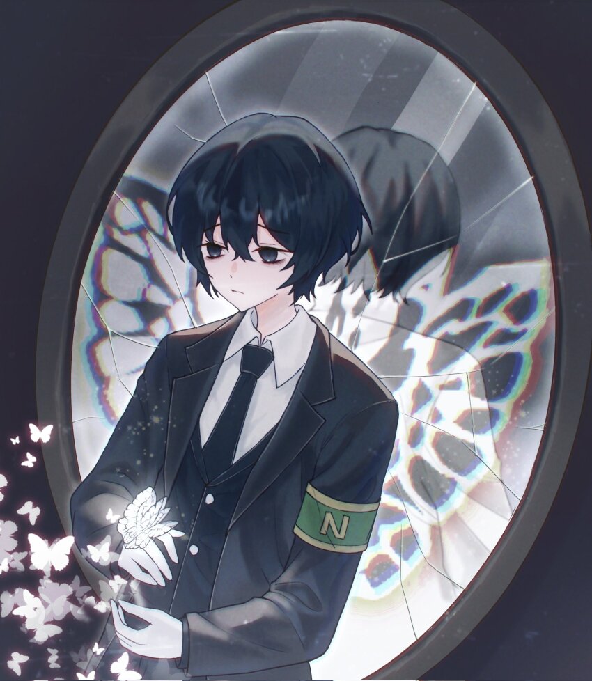 1boy, armband, bags_under_eyes, black_butterfly, black_coat, black_eyes, black_hair, black_necktie