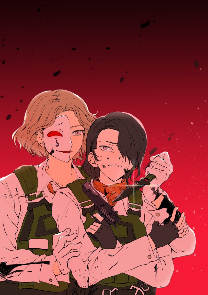 2boys, black_gloves, black_hair, blade_to_throat, blonde_hair, clenched_teeth, crepe_commission, danganronpa_another