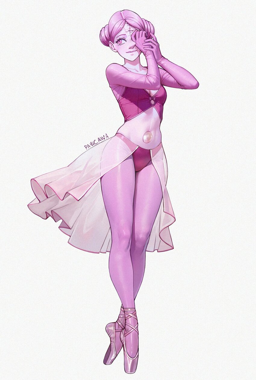 1girl, adelheid_(moschiola), artist_name, ballet_slippers, breasts, closed_mouth, colored_skin, commentary