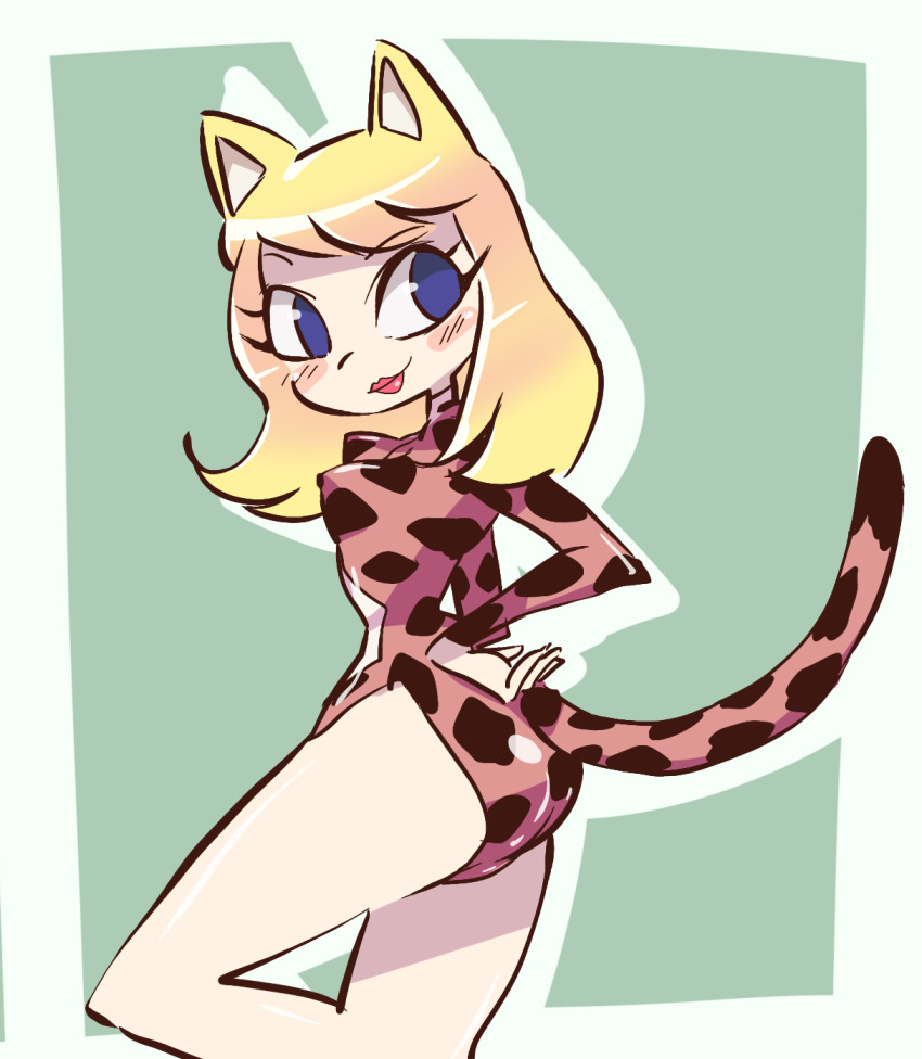 1girl, animal_ears, animal_print, ass, blonde_hair, blue_eyes, blush, breasts