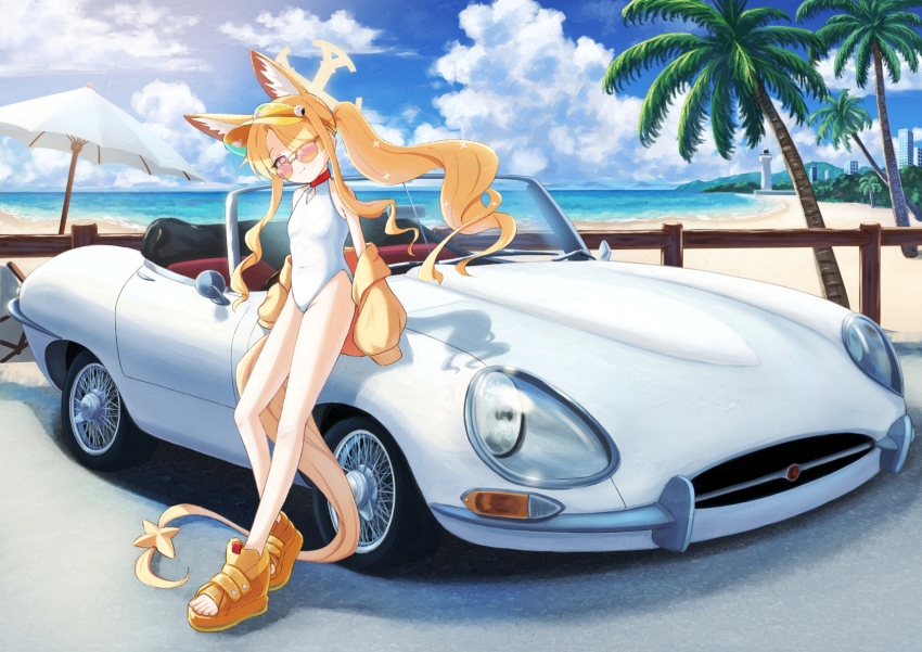 1girl, above-cleavage_cutout, animal_ear_fluff, animal_ears, asama_fumi, beach, bird_ornament, blonde_hair