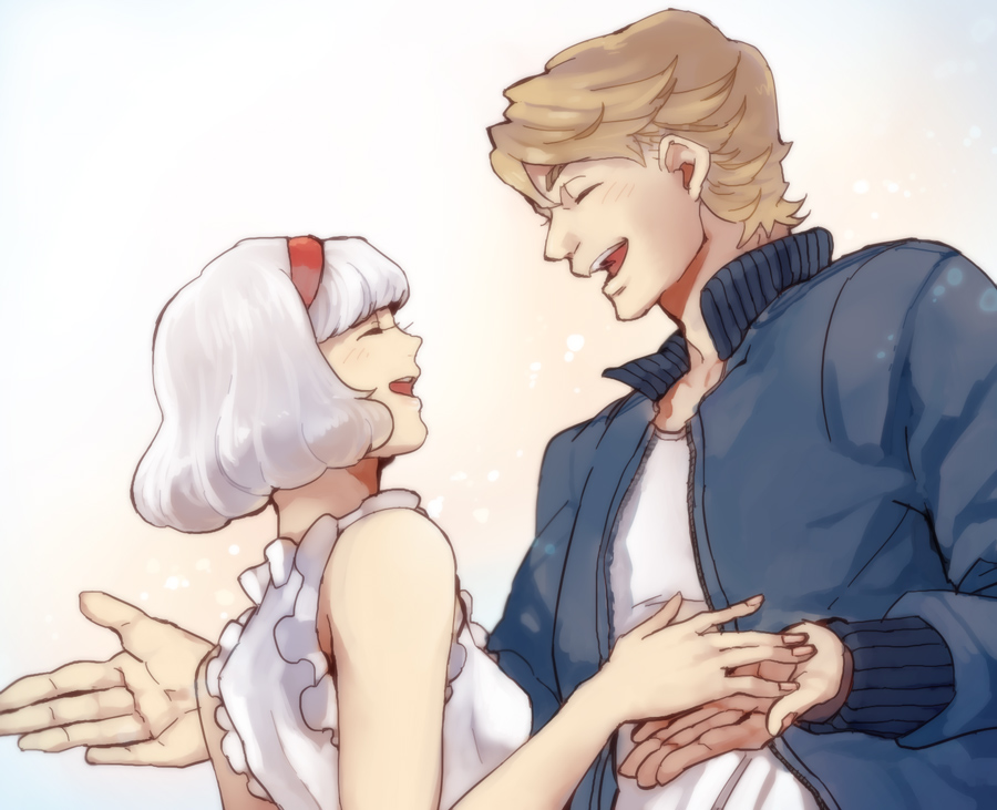 10s, 1boy, 1girl, bad_id, bad_pixiv_id, bare_shoulders, blonde_hair, blue_jacket