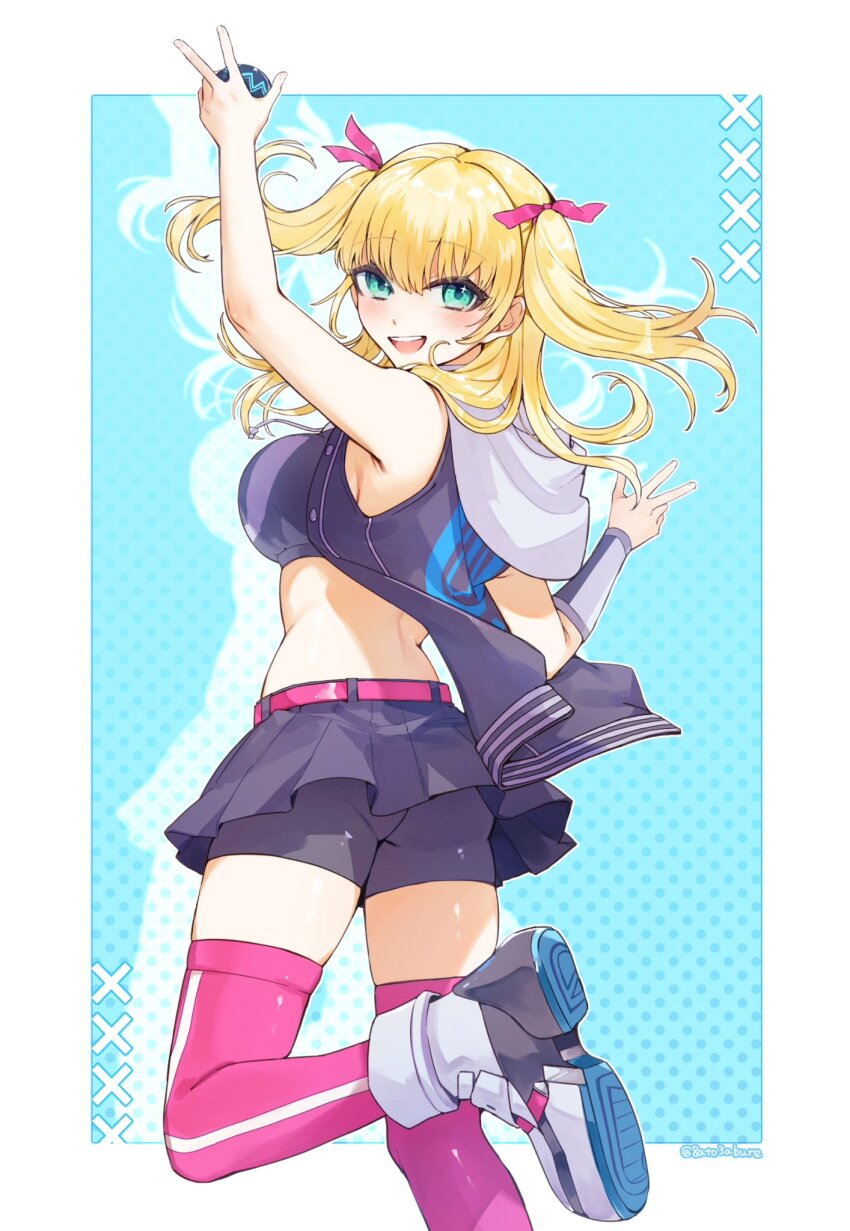 1girl, 8ato3abure, arm_up, ass, ball, belt, bike_shorts, black_jacket, black_shorts, black_skirt, blonde_hair, blush, breasts, crop_top, from_behind, green_eyes, highres, holding, holding_ball, hood, hooded_jacket, iroha_tsuki, jacket, large_breasts, open_clothes, open_jacket, pink_belt, pink_ribbon, pink_thighhighs, ribbon, shoes, shorts, skirt, sleeveless, sleeveless_jacket, smile, solo, teeth, thighhighs, tribe_nine, twitter_username, two_side_up, upper_teeth_only, w