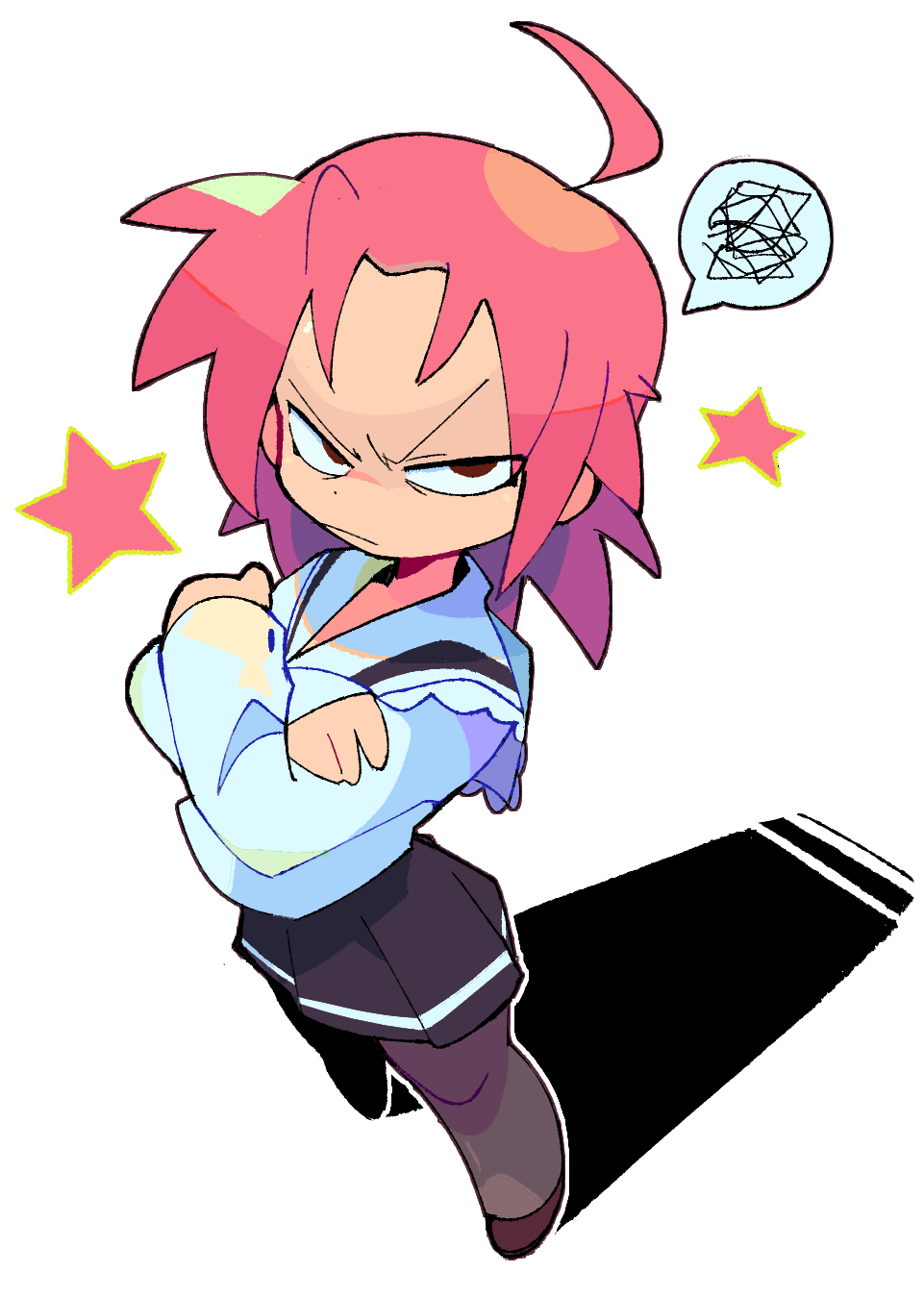 1girl, ahoge, bacun, black_skirt, crossed_arms, frown, grey_background, grey_pantyhose, highres, image_in_speech_bubble, kogami_akira, looking_at_viewer, lucky_star, pantyhose, pink_hair, pink_star, school_uniform, shadow, shirt, short_hair, skirt, spiked_hair, squiggle, white_shirt