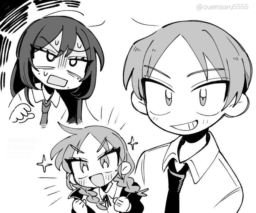 1boy, 2girls, :d, blush, braid, chibi, chibi_only, clenched_hands