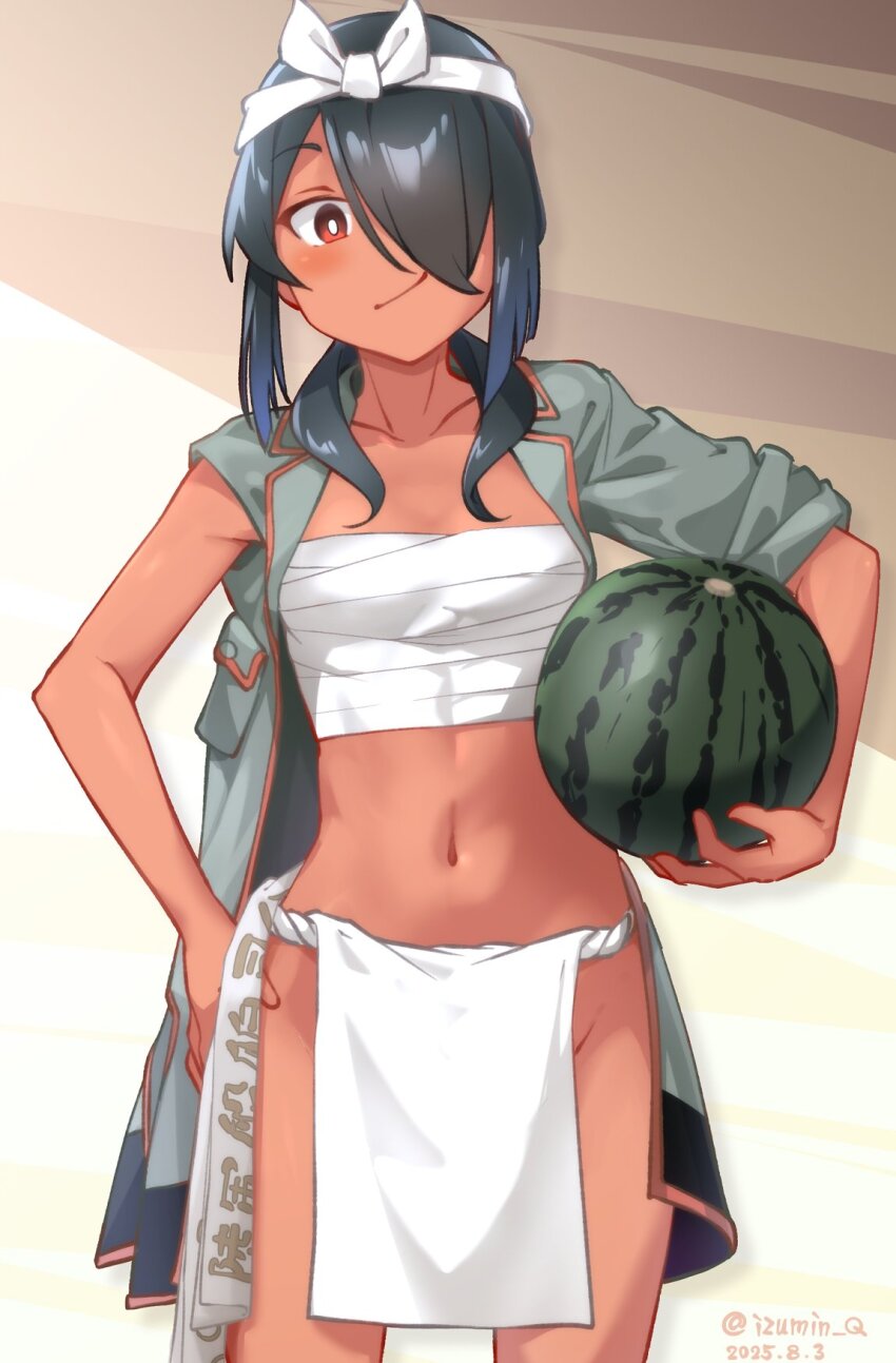 1girl, black_hair, chest_sarashi, cowboy_shot, dark-skinned_female, dark_skin, ecchuu_fundoshi, food