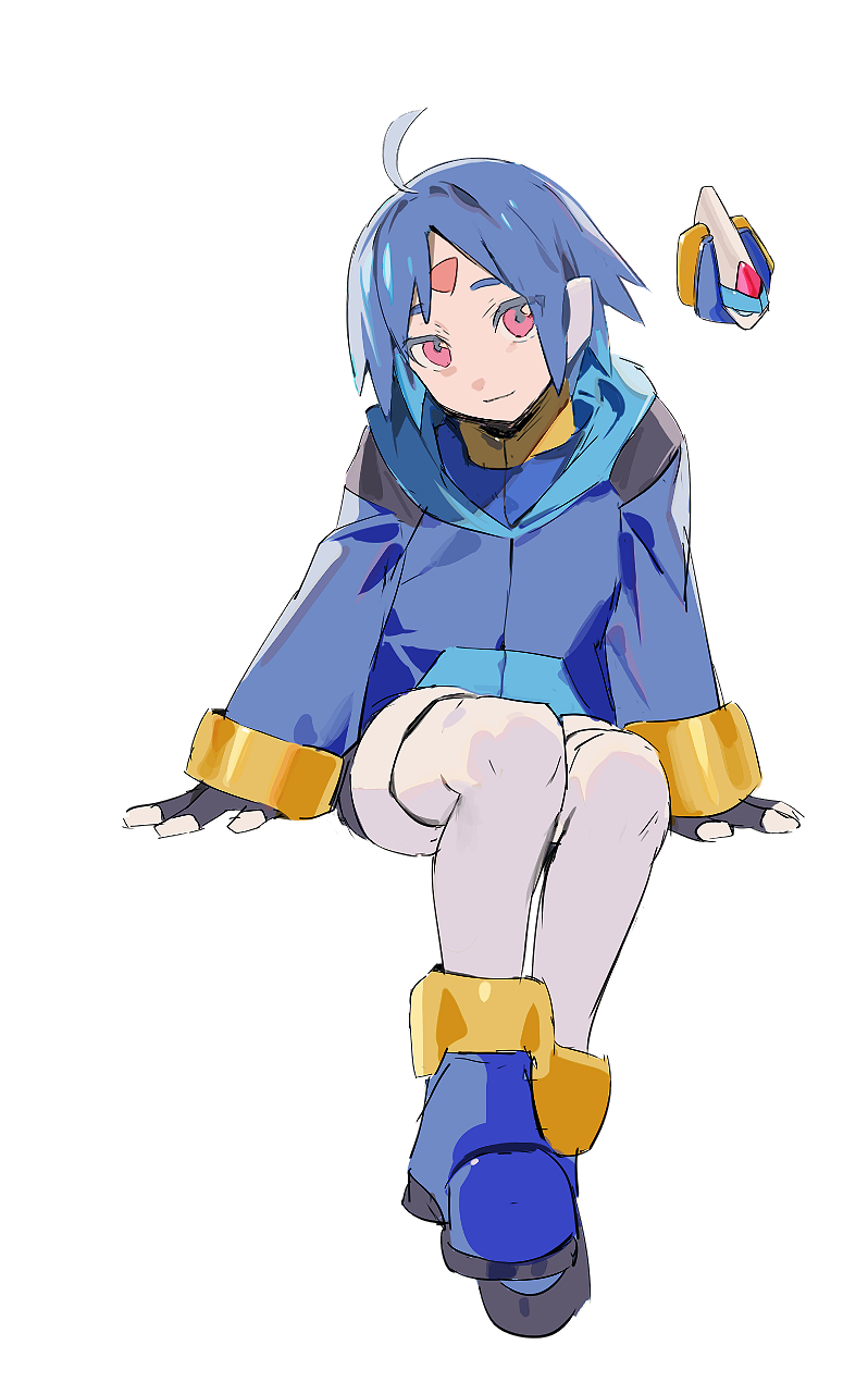 ahoge, biometal, blue_hair, blue_jacket, facial_mark, forehead_mark, highres, hood