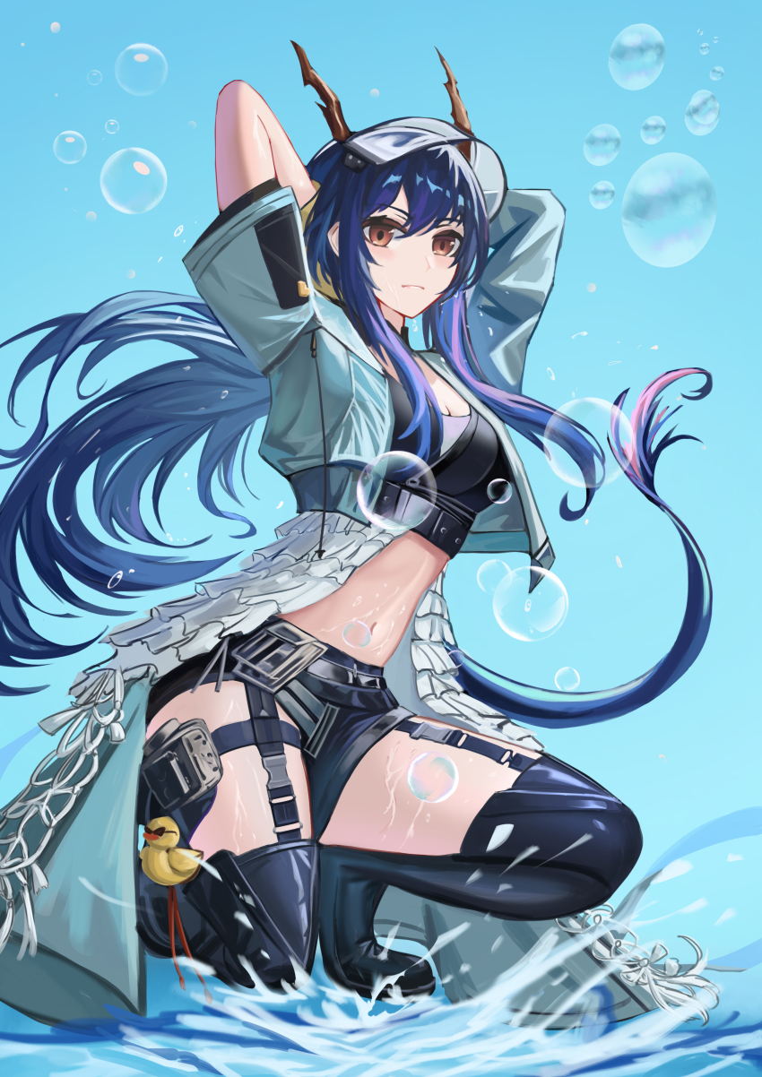 1girl, absurdres, arknights, arms_behind_head, black_boots, blue_hair, boots, breasts