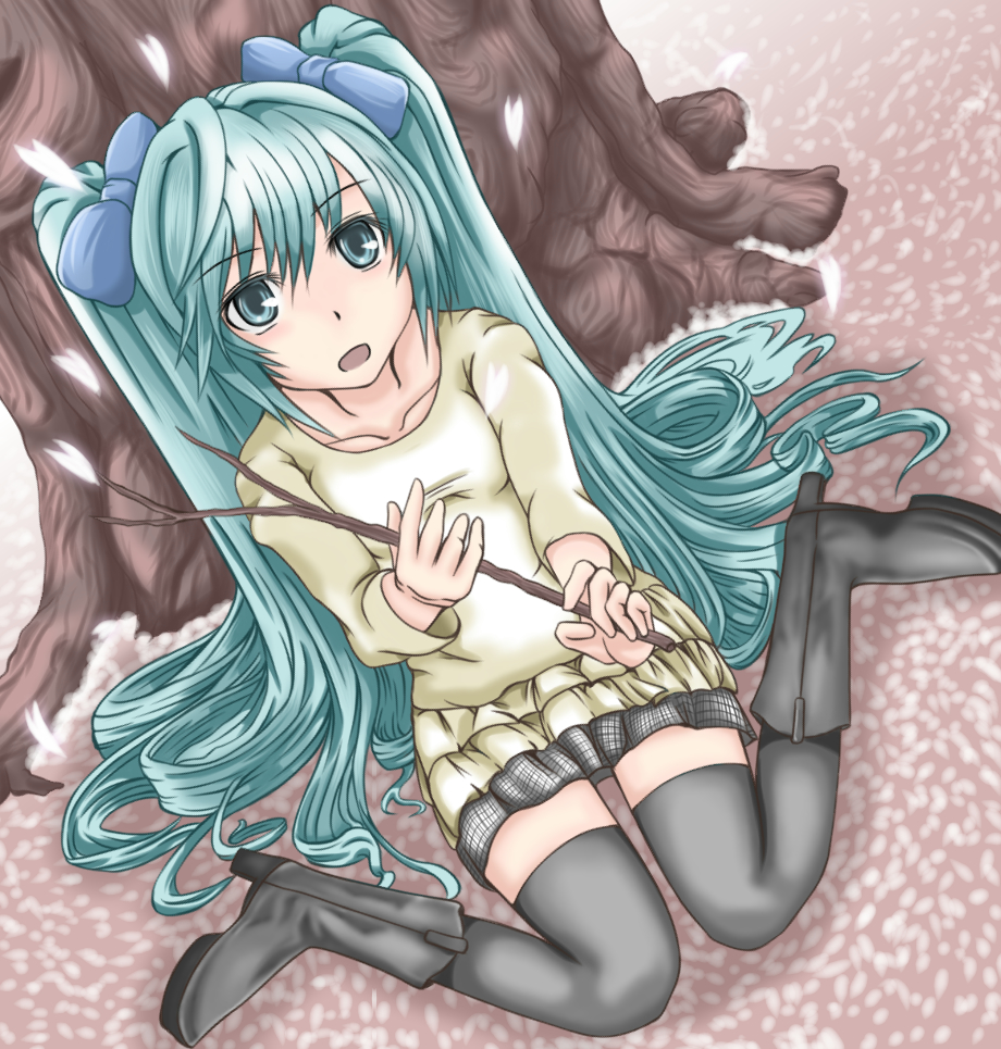 1girl, aqua_eyes, aqua_hair, boots, cherry_blossoms, female_focus, from_above, hatsune_miku