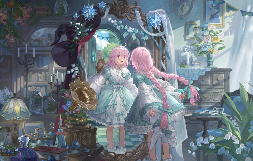 1girl, absurdres, aqua_dress, aqua_ribbon, beryl_(sword_of_convallaria), book, braid, brown_hair, candelabra, candlestand, dress, fang, flower, frilled_dress, frills, game_cg, hair_ribbon, hat, highres, indoors, lamp, long_hair, looking_at_mirror, low_twin_braids, maitha_(sword_of_convallaria), mirror, non-web_source, official_alternate_costume, official_art, open_mouth, phonograph, picture_frame, pink_hair, purple_eyes, rawiyah_(sword_of_convallaria), ribbon, solo_focus, sword_of_convallaria, twin_braids, unworn_hat, unworn_headwear, very_long_hair, white_dress, white_hair, witch_hat