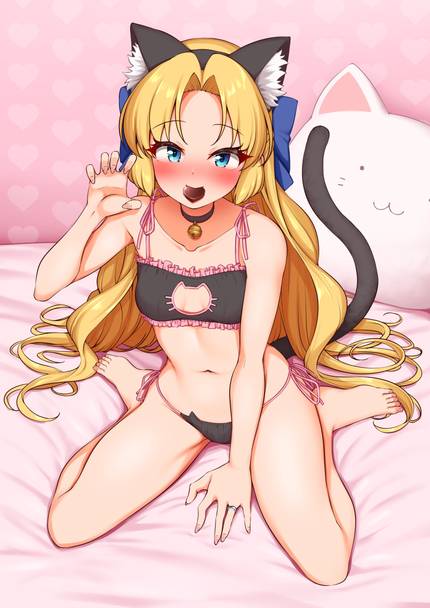 1girl, absurdres, animal_ears, barefoot, bell, black_bra, black_choker, black_panties
