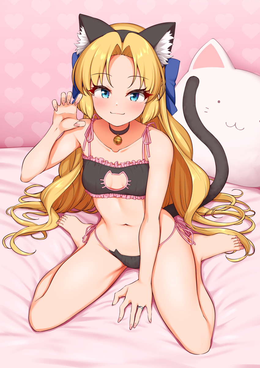 1girl, absurdres, animal_ears, barefoot, bell, black_bra, black_choker, black_panties