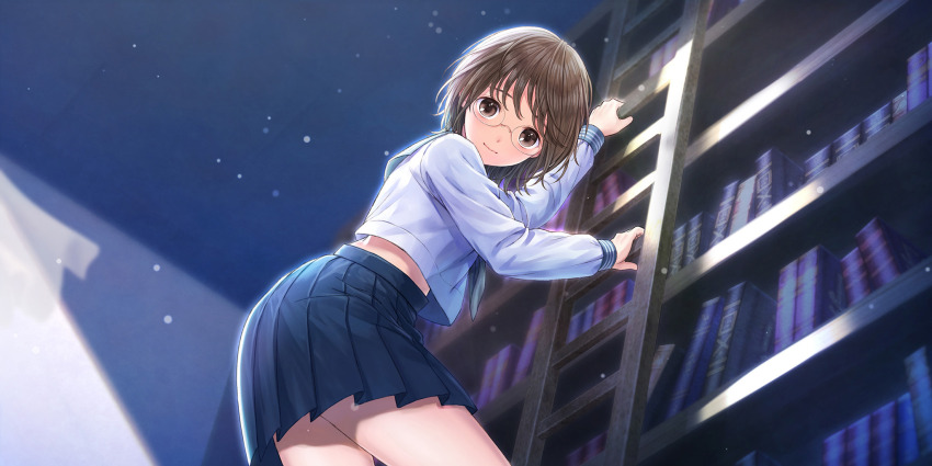 1girl, ass, blue_reflection_(series), blue_reflection_sun, blue_skirt, book, bookshelf, brown_eyes