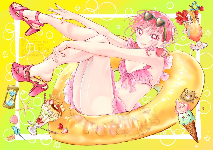1girl, :q, ao_no_hako, bare_arms, bare_legs, bikini, bikini_skirt, breasts, cherry, chouno_hina, closed_mouth, commentary, crazy_straw, cup, dessert, double_bun, drinking_glass, drinking_straw, english_commentary, eyewear_on_head, feet, flower, food, from_side, front-tie_bikini_top, front-tie_top, fruit, gradient_background, hair_bun, heart, heart-shaped_eyewear, heart_straw, hibiscus, high_heel_sandals, high_heels, highres, hourglass, hurricane_glass, ice_cream, ice_cream_cone, ice_cream_spoon, innertube, inset_border, looking_at_viewer, medium_breasts, mirai_ciel, multiple_scoops, orange_(fruit), orange_slice, parfait, pink_bikini, pink_eyes, pink_hair, pink_sandals, pudding, red_flower, sandals, seashell, shell, shoe_dangle, solo, spoon, starfish, strawberry, sunglasses, swim_ring, swimsuit, toes, tongue, tongue_out, tropical_drink