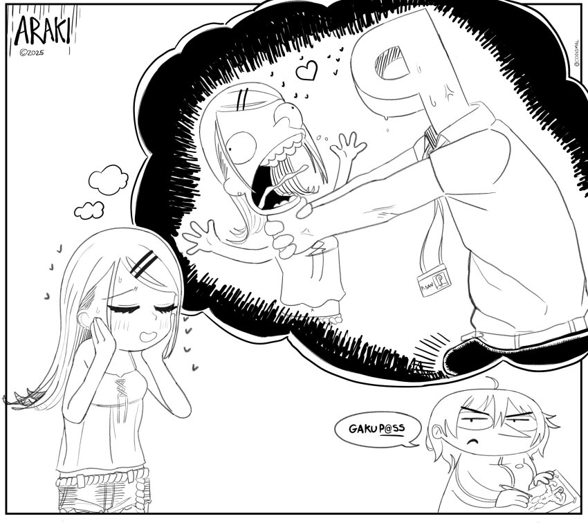 1boy, 2girls, araki_hina, bulge, codismal, erection, erection_under_clothes, gakuen_idolmaster