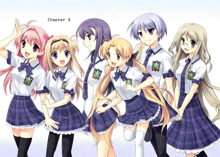 6+girls, antenna_hair, aoi_sena, bare_legs, black_pantyhose, black_ribbon, black_socks, black_thighhighs