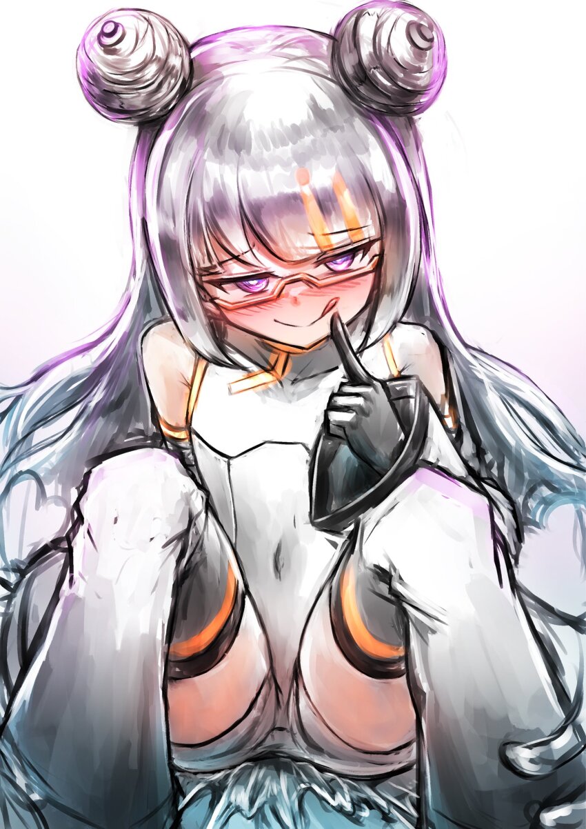 bare_shoulders, black_gloves, blush, bodysuit, covered_navel, detached_sleeves, dot_nose, double_bun, eyebrows_hidden_by_hair, fanged_bangs, flat_chest, gelee_(puniru_wa_kawaii_slime), gloves, glowing_trim, gomikerasu, grey_bodysuit, grey_hair, hair_bun, hair_ornament, heart, highres, licking_lips, looking_at_viewer, multicolored_hair, pointing, pointing_at_self, puniru_wa_kawaii_slime, purple_eyes, raised_inner_eyebrows, semi-rimless_eyewear, simple_background, solo, streaked_hair, thighs, tongue, tongue_out, under-rim_eyewear