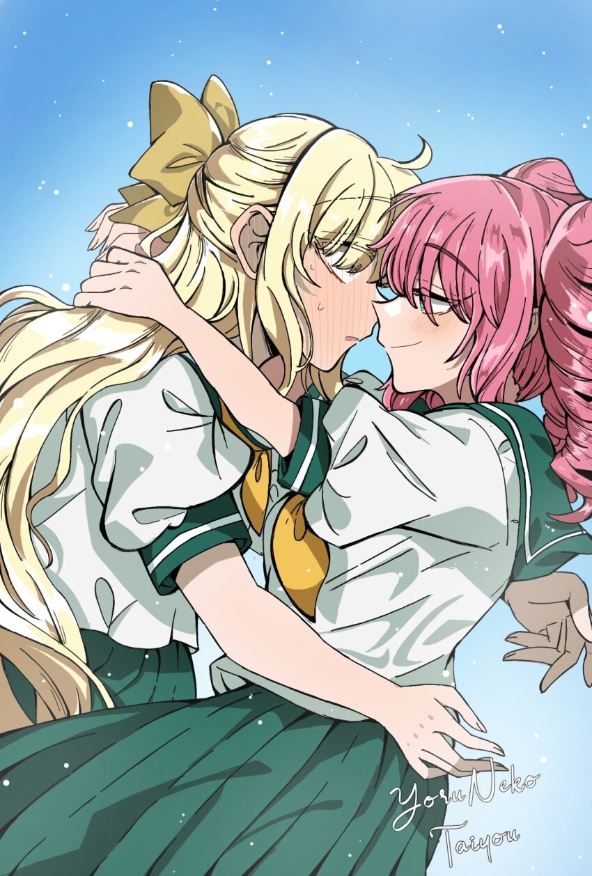 2girls, arms_around_neck, artist_name, blonde_hair, blue_background, blue_eyes, blush, bow