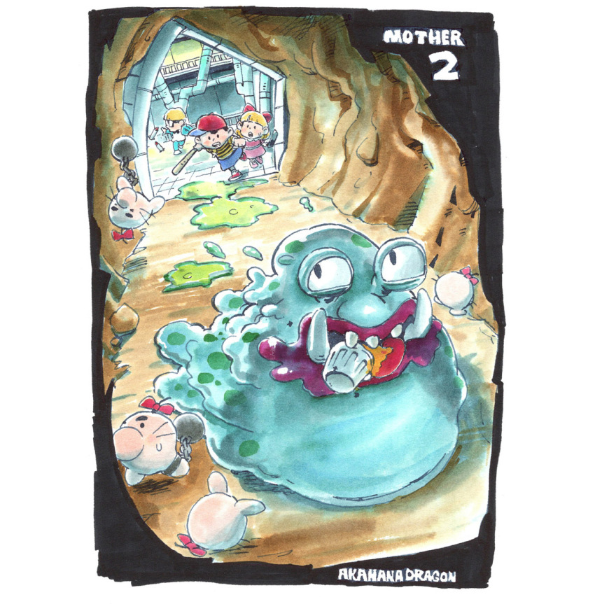 1girl, 2boys, akahanadragon, artist_name, ball_and_chain_restraint, baseball_bat, baseball_cap, black_eyes, black_hair, blonde_hair, blue_shorts, border, bottle_rocket, bow, bowtie, cave, cave_interior, chasing, commentary, copyright_name, creature, doseisan, dress, factory, formal_clothes, full_body, glasses, green_jacket, green_pants, hair_bow, hat, highres, holding, holding_baseball_bat, honey, indoors, industrial_pipe, jacket, jeff_andonuts, looking_at_another, looking_back, master_belch, master_belch_(mother_2), missile, monster, mother_(series), mother_2, multiple_boys, ness_(mother_2), nib_pen_(medium), nintendo, open_mouth, pants, paula_(mother_2), pen_(medium), pink_dress, pink_shoes, red_bow, red_hat, red_lips, red_shoes, running, shirt, shoes, short_hair, shorts, sideways_hat, slave, slime_(creature), slime_(substance), sneakers, solid_oval_eyes, standing, striped_clothes, striped_shirt, suit, sweatdrop, traditional_media, trash_can, tusks, whiskers, white_border, white_shirt, white_shoes, yellow_shirt