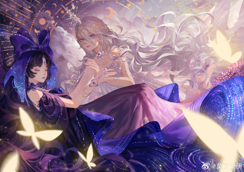 2girls, absurdres, ad_lunam_(shining_nikki), bare_shoulders, black_hair, bow, bracelet, bug