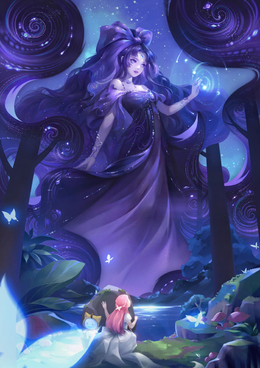 2girls, absurdly_long_hair, ahoge, animal, back_bow, bare_arms, bare_shoulders, blue_butterfly, bow, bracelet, bug, butterfly, butterfly_hair_ornament, by_yi, cat, chinese_commentary, cloak, closed_eyes, clothed_animal, commentary_request, dress, ear_covers, eyelashes, floating_hair, forehead_jewel, forest, from_behind, full_body, giant, giantess, godfall_omens_(shining_nikki), gown, hair_bow, hair_ornament, hiding, highres, hood, hood_up, hooded_cloak, insect, jewelry, lake, large_bow, lipstick, long_dress, long_hair, looking_ahead, looking_at_another, magic, makeup, momo_(nikki), multiple_girls, mushroom, nature, necklace, night, nikki_(nikki), nikki_(series), off-shoulder_dress, off_shoulder, outdoors, parted_lips, pink_hair, puffy_short_sleeves, puffy_sleeves, purple_bow, purple_dress, purple_eyes, purple_hair, purple_lips, rock, shining_nikki, short_sleeves, sky, star_(sky), starry_sky, teeth, very_long_hair, wavy_hair, whiskers, white_bow, white_cat, white_dress, yellow_cloak